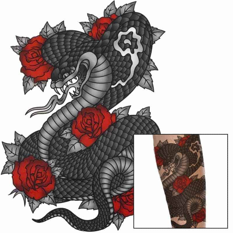 Tatouage Serpent Cobra Et Roses (Temporaire)